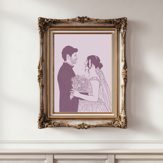 Personalisiertes farbiges Line-Art Portrait von Braut und Bräutigam in zarten Lilatönen
