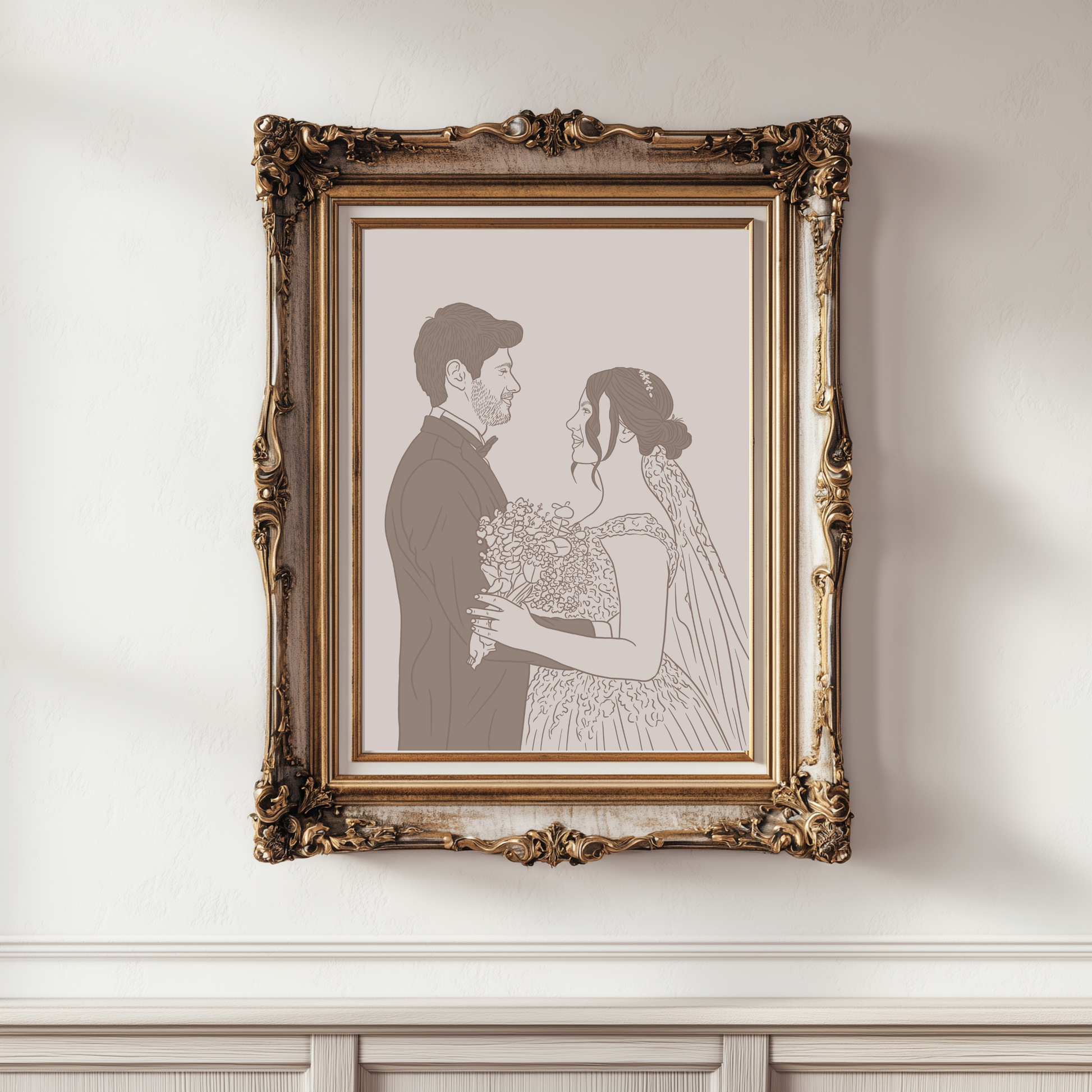 Handgezeichnetes farbiges Hochzeitsportrait eines Brautpaares im Line-Art Stil in Erdtönen mit Namen und Datum