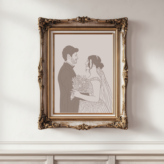 Handgezeichnetes farbiges Hochzeitsportrait eines Brautpaares im Line-Art Stil in Erdtönen mit Namen und Datum