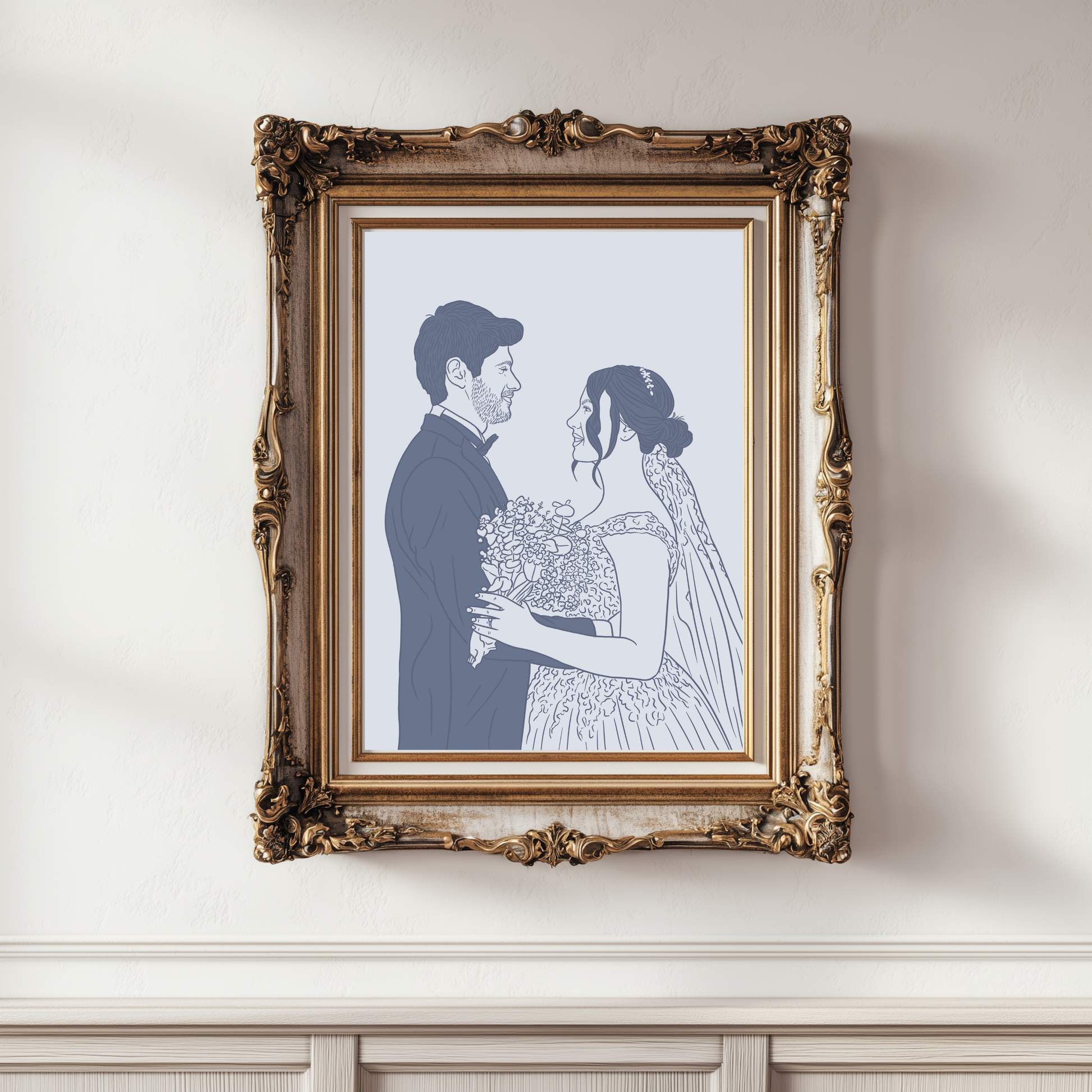 Digitales farbiges Hochzeitsportrait im Line-Art Stil in Blau mit individueller Beschriftung