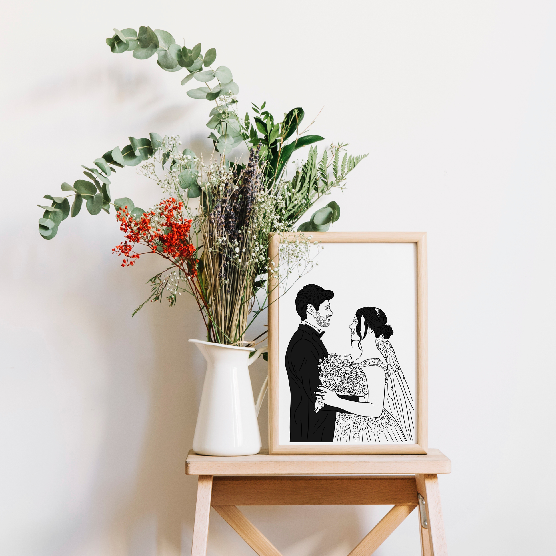 Digitales Schwarz-Weiß Hochzeitsportrait im klassischen minimalistischen Stil mit individueller Beschriftung