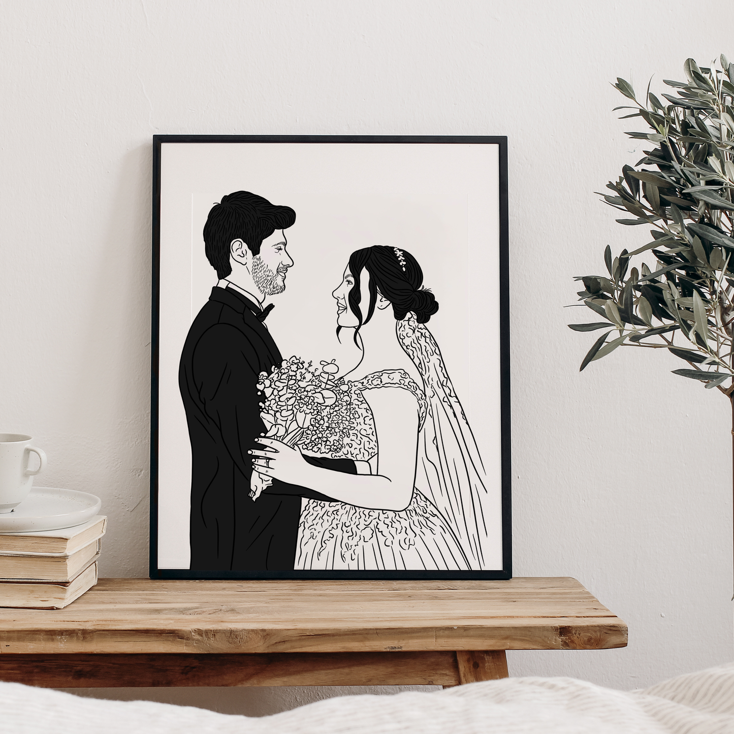 Personalisiertes Schwarz-Weiß Line-Art Portrait von Braut und Bräutigam mit Textgestaltung