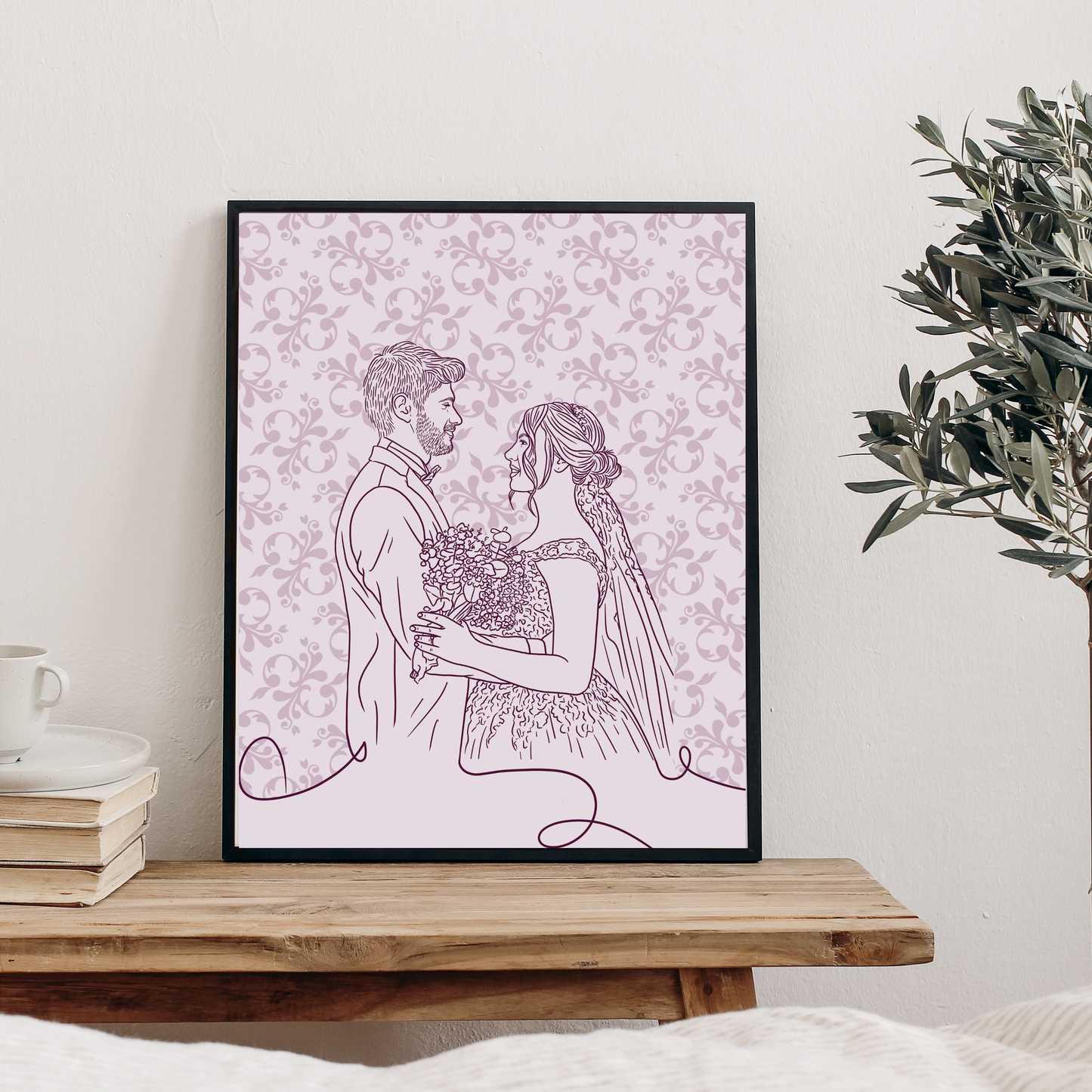 Digitales Hochzeitsportrait im minimalistischen Line-Art Stil mit floralem Hintergrund