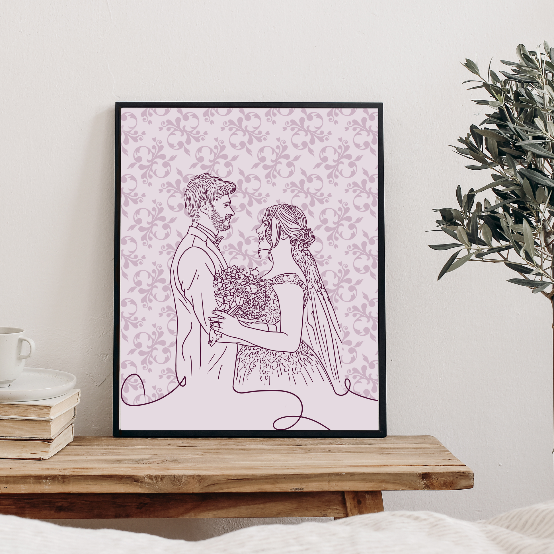Digitales Hochzeitsportrait im minimalistischen Line-Art Stil mit floralem Hintergrund