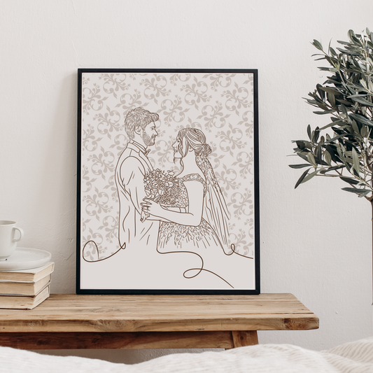 Handgezeichnetes Hochzeitsportrait eines Brautpaares im Line-Art Stil mit beigem Blumenhintergrund