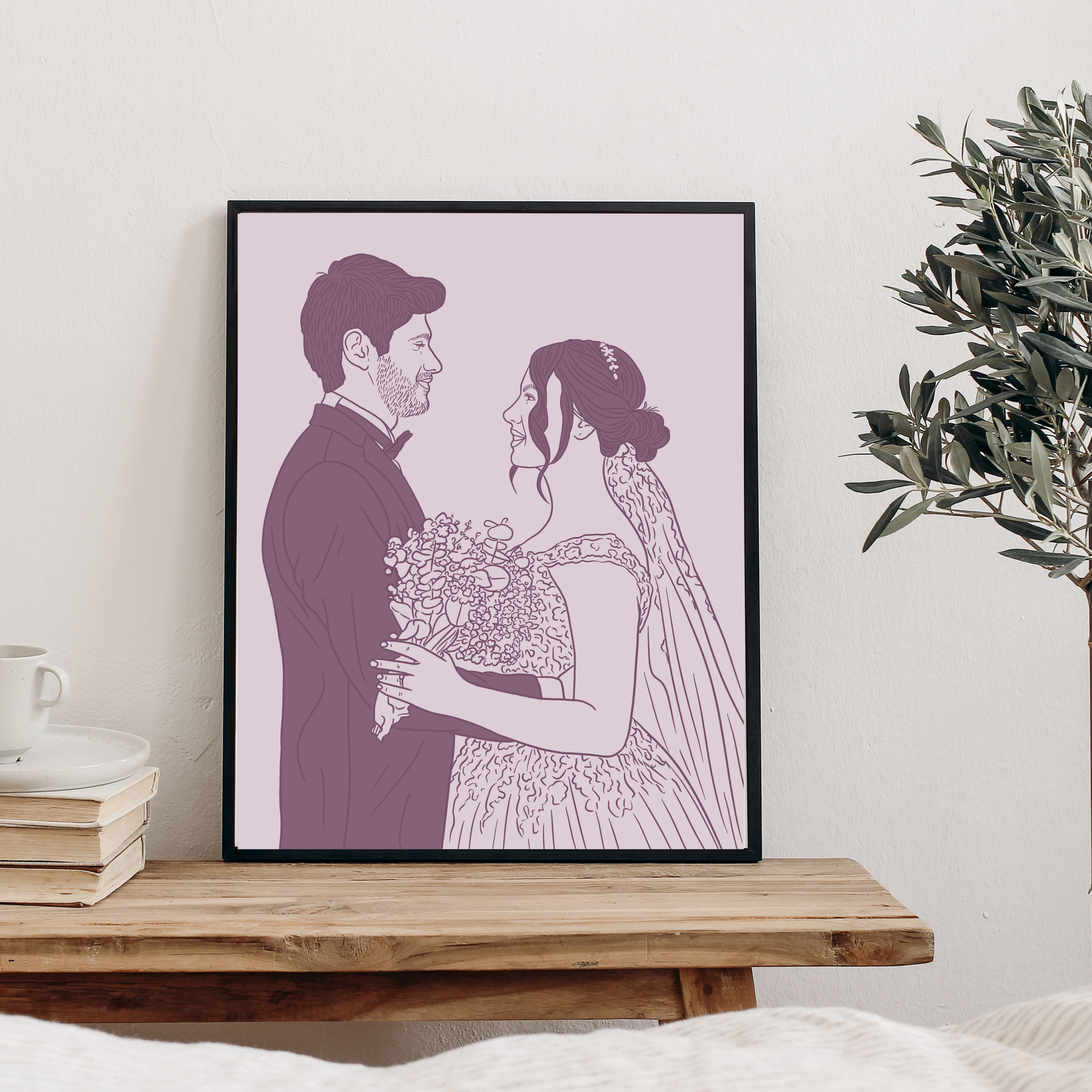 Handgezeichnetes farbiges Hochzeitsportrait eines Brautpaares im Line-Art Stil in Lila