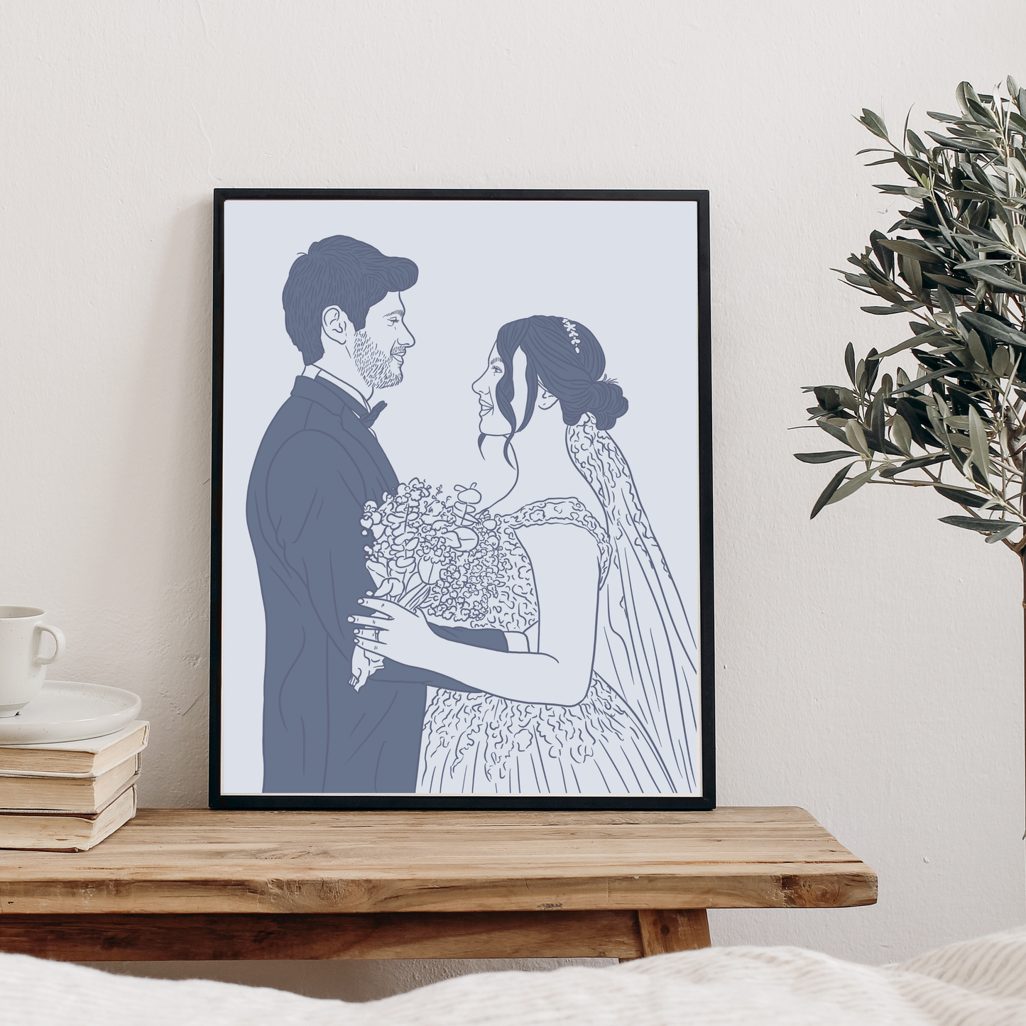 Personalisiertes farbiges Line-Art Portrait von Braut und Bräutigam in Blautönen mit Textgestaltung