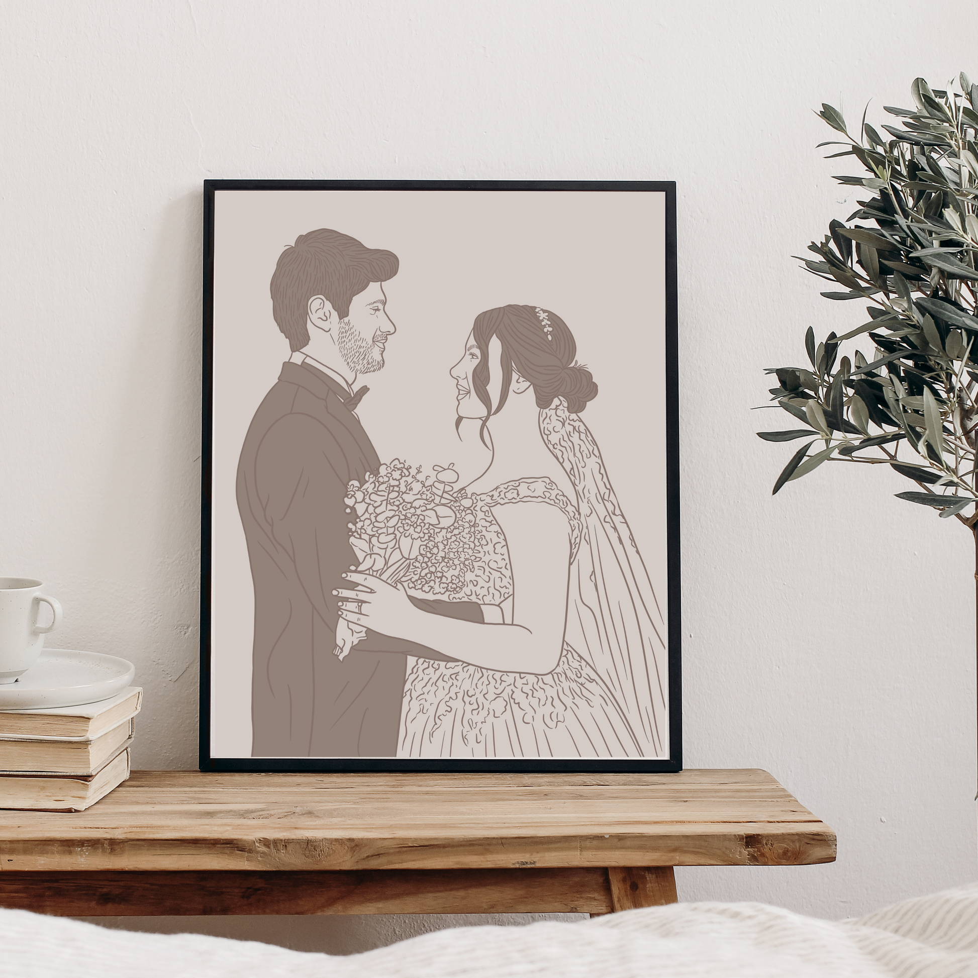 Digitales farbiges Hochzeitsportrait im Line-Art Stil in natürlichen Erdtönen mit individueller Beschriftung