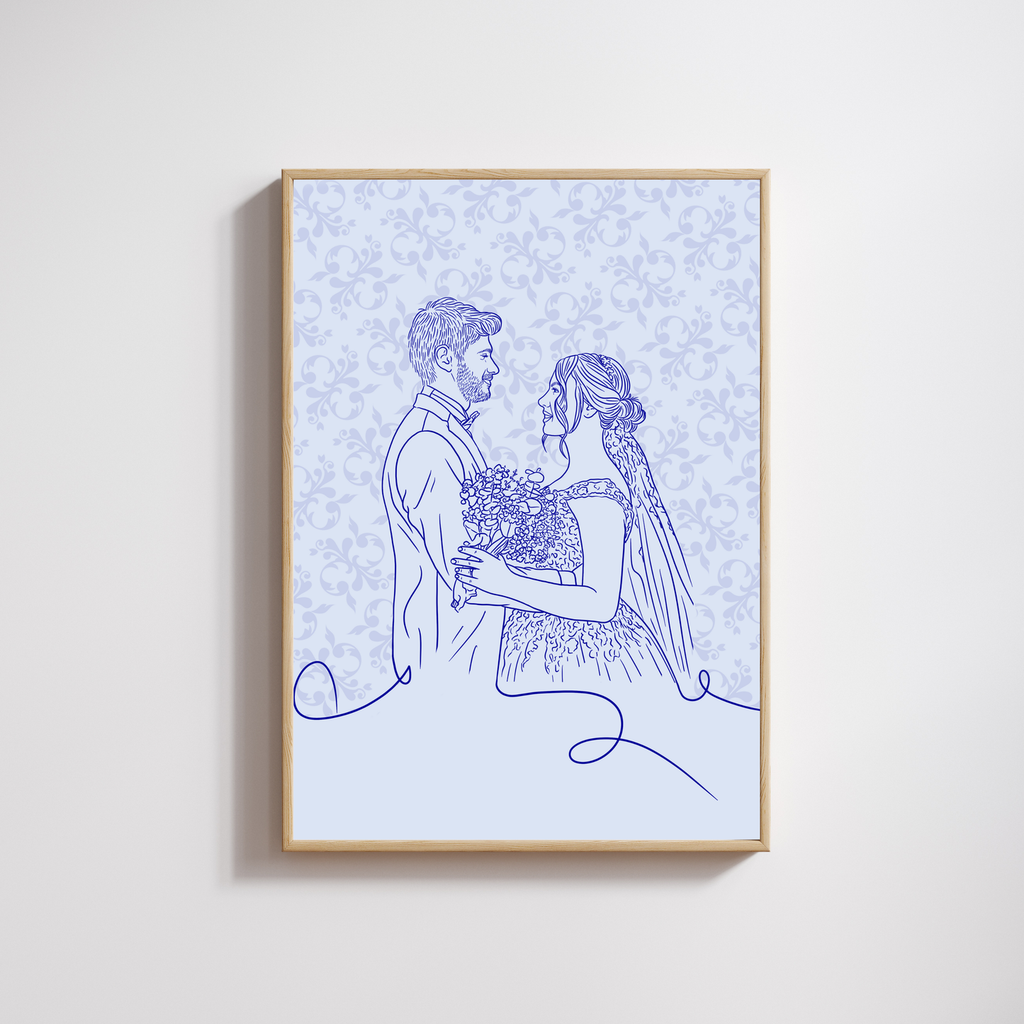 Handgezeichnetes Hochzeitsportrait eines Brautpaares im Line-Art Stil mit hellblauem Blumenhintergrund