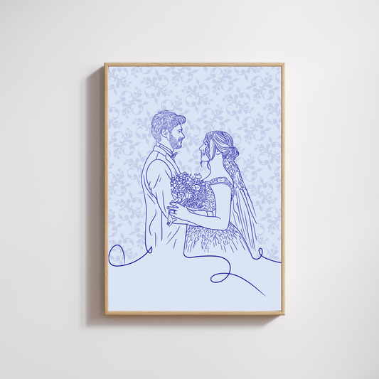 Handgezeichnetes Hochzeitsportrait eines Brautpaares im Line-Art Stil mit hellblauem Blumenhintergrund