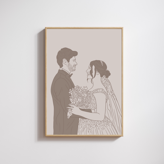 Personalisiertes farbiges Line-Art Portrait von Braut und Bräutigam in warmen Beigetönen mit Textgestaltung