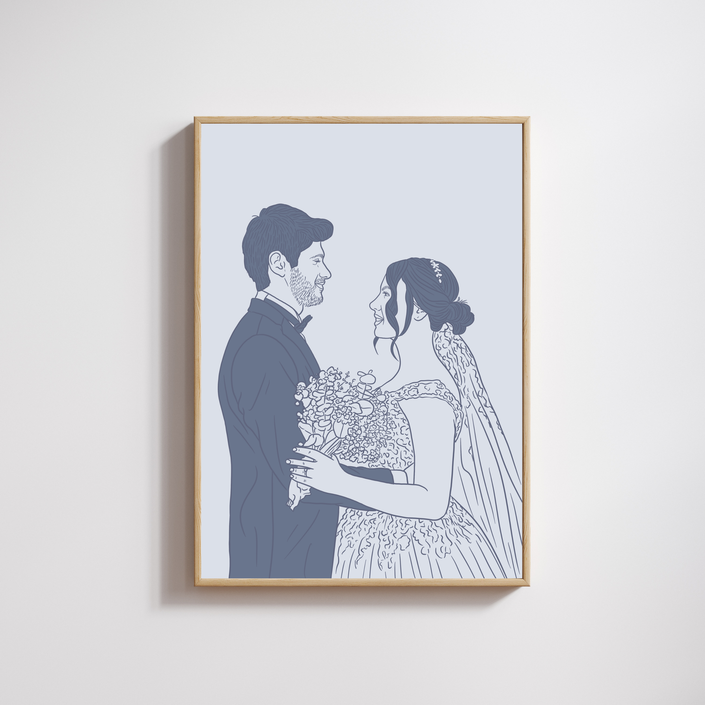 Handgezeichnetes farbiges Hochzeitsportrait eines Brautpaares im Line-Art Stil in Blau mit Namen und Datum