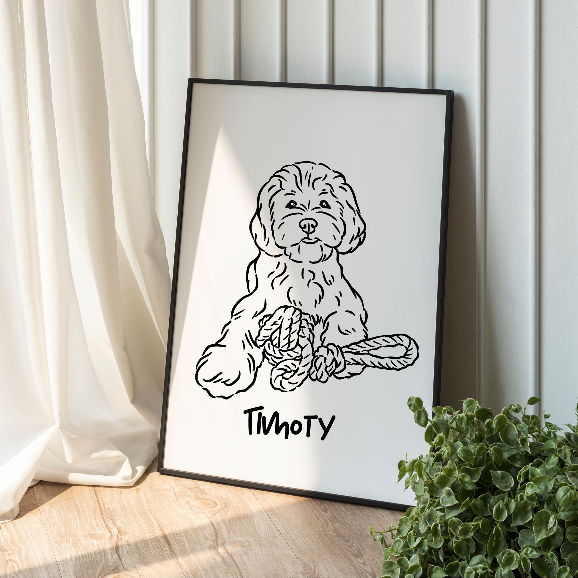 Handgezeichnetes Hunde-Linienportrait mit personalisiertem Namen