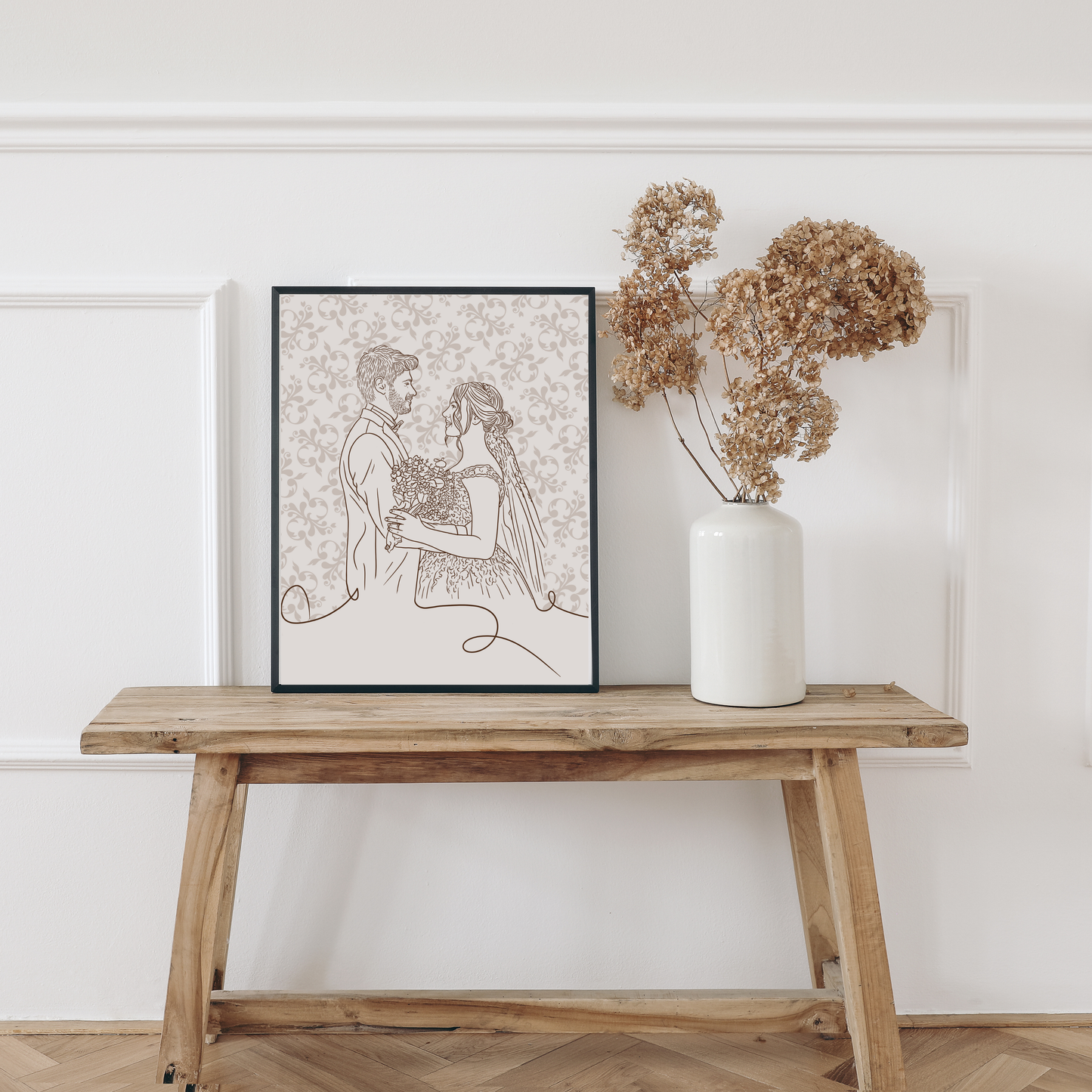 Personalisiertes Retro Line-Art Portrait von Braut und Bräutigam in Pastellbeige-Tönen