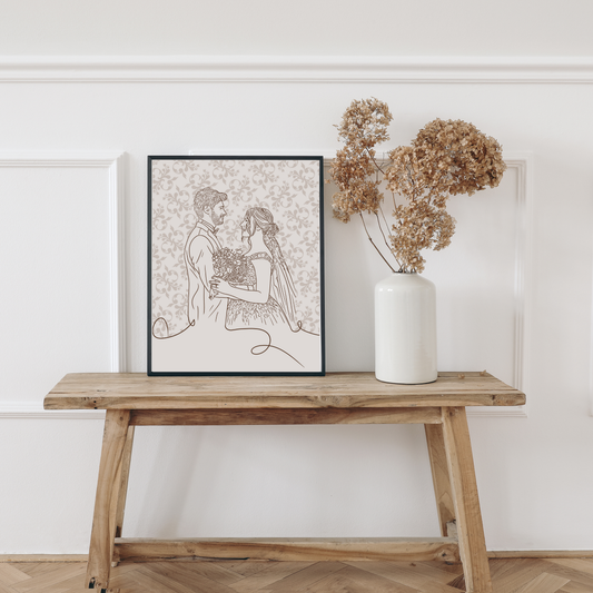 Personalisiertes Retro Line-Art Portrait von Braut und Bräutigam in Pastellbeige-Tönen