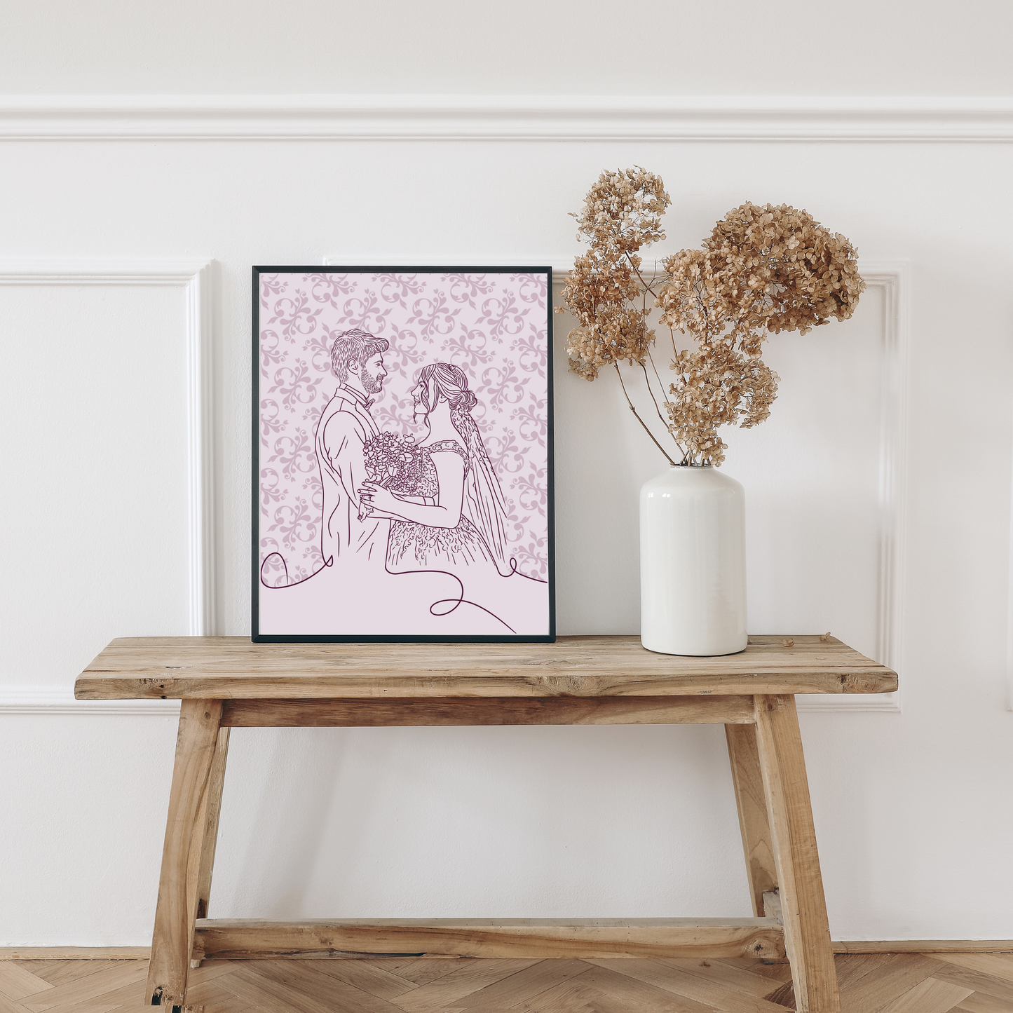 Personalisiertes Retro Line-Art Portrait von Braut und Bräutigam in Pastelllila-Tönen