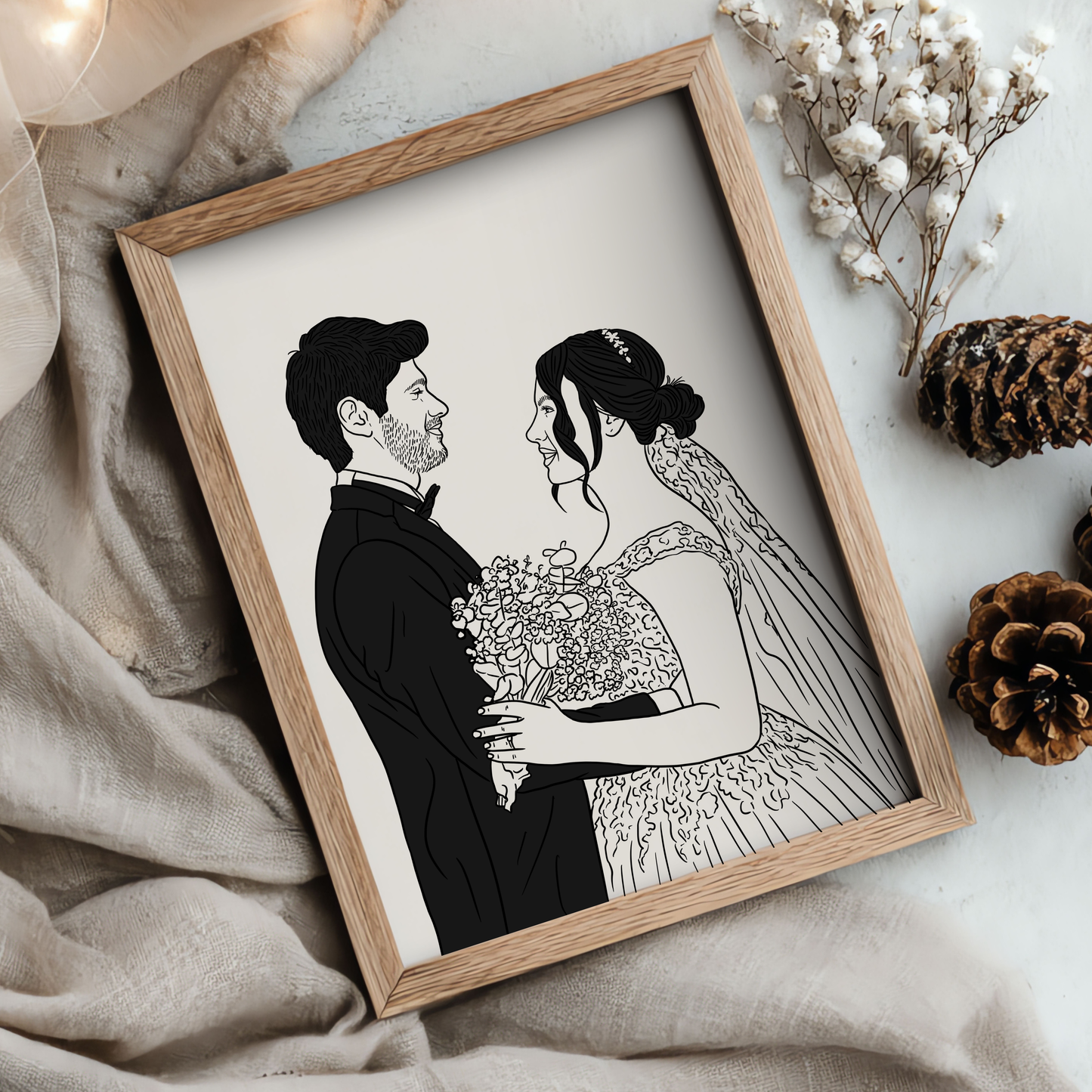 Handgezeichnetes Schwarz-Weiß Hochzeitsportrait eines Brautpaares im minimalistischen Line-Art Stil mit Namen und Datum