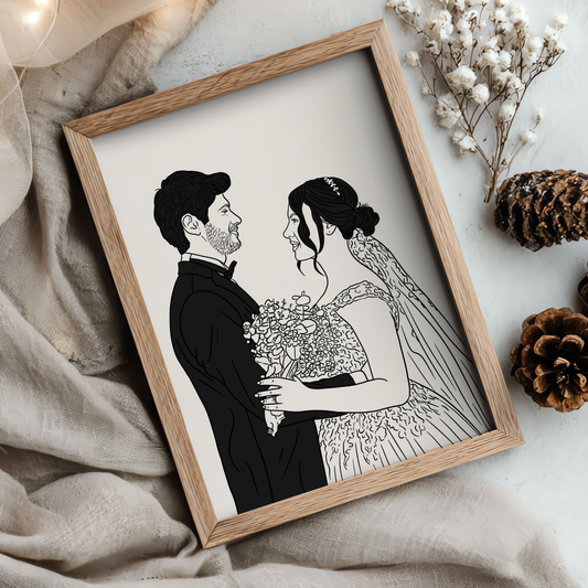 Handgezeichnetes Schwarz-Weiß Hochzeitsportrait eines Brautpaares im minimalistischen Line-Art Stil mit Namen und Datum
