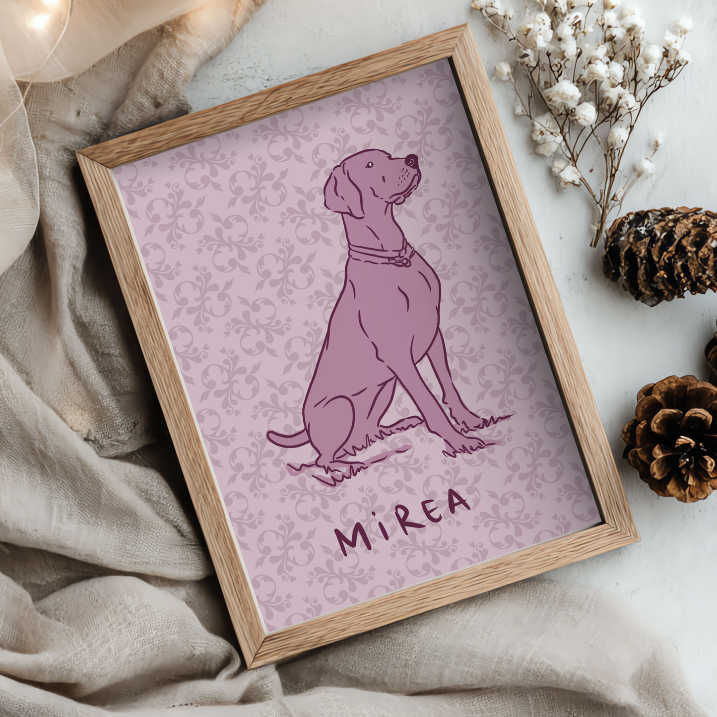 Hand-painted digital dog portrait with retro floral motifs