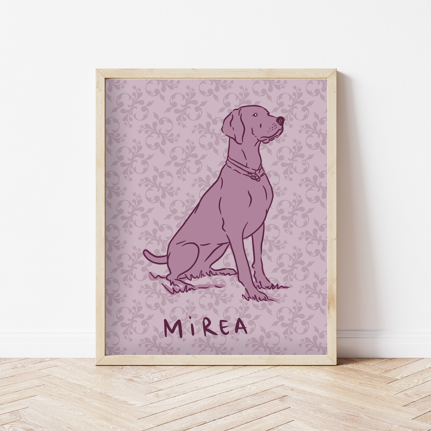 Hand-painted digital dog portrait with retro floral motifs
