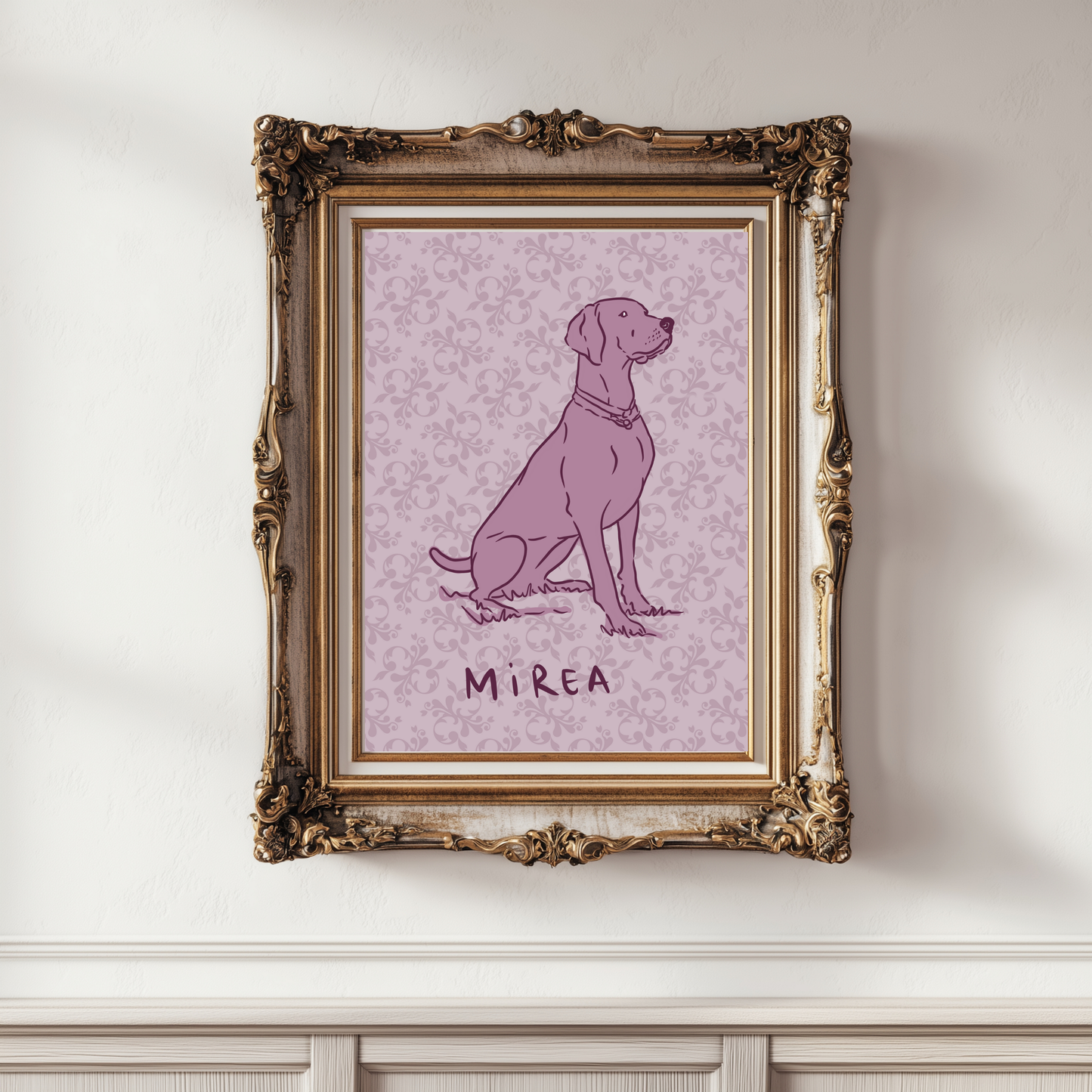 Hand-painted digital dog portrait with retro floral motifs