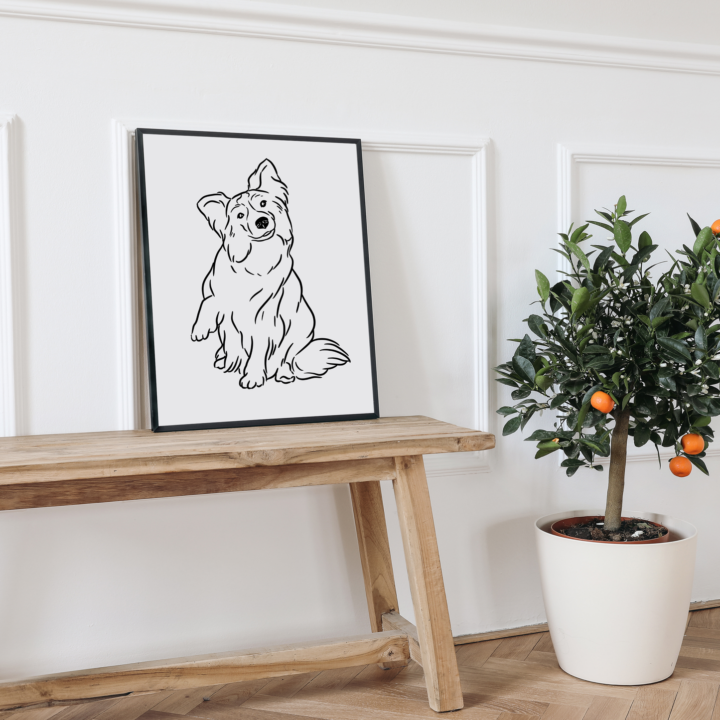 Gerahmtes minimalistisches Hundeportrait als stilvolles Wandbild