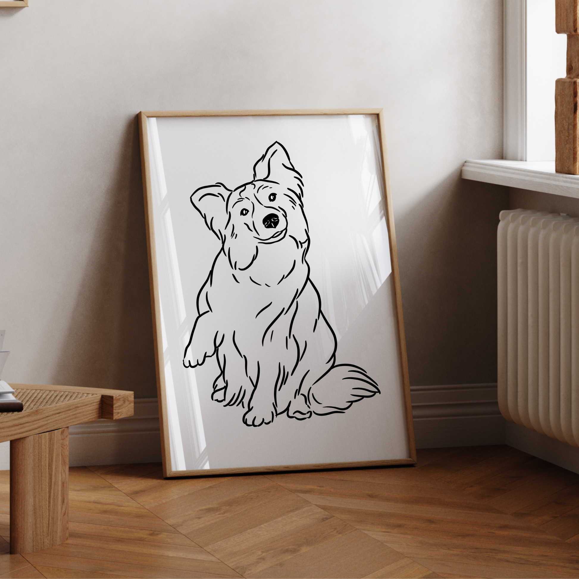 Minimalistisches Hunde-Linienportrait in modernem Wohnambiente