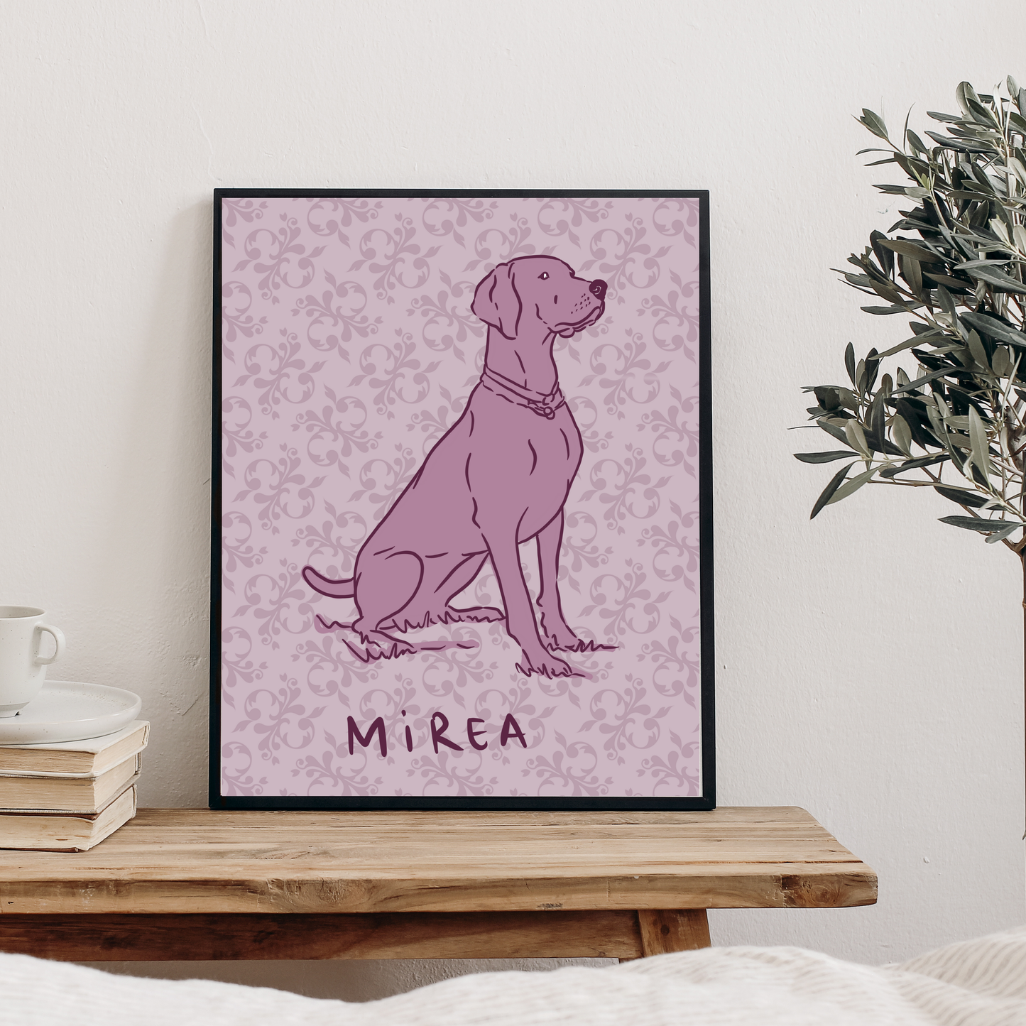 Hand-painted digital dog portrait with retro floral motifs