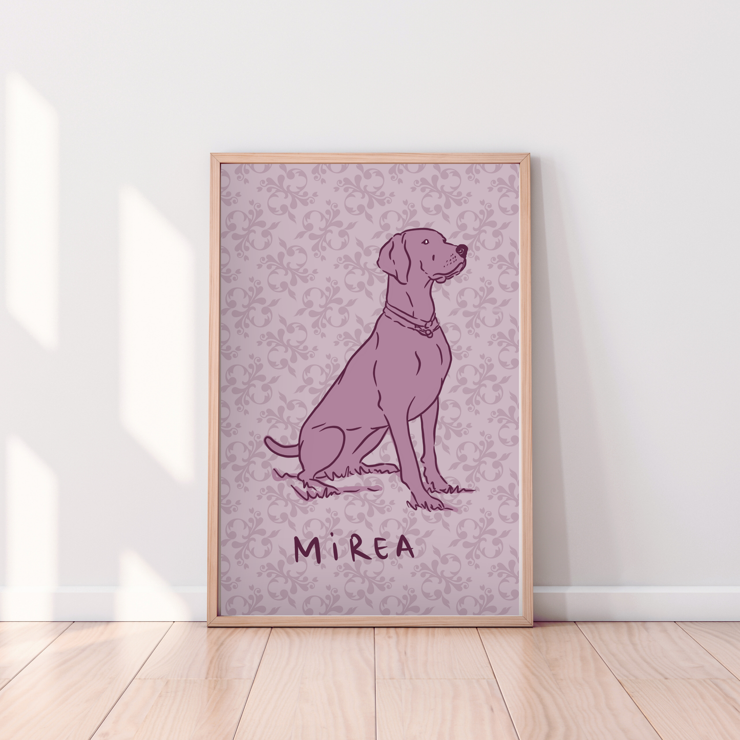 Handgemaltes digitales Hundeportrait mit floralen Retro-Motiven – Einzigartiges Tierportrait