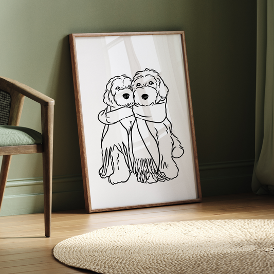 Handgezeichnetes Linienportrait von zwei Hunden in minimalistischem Stil