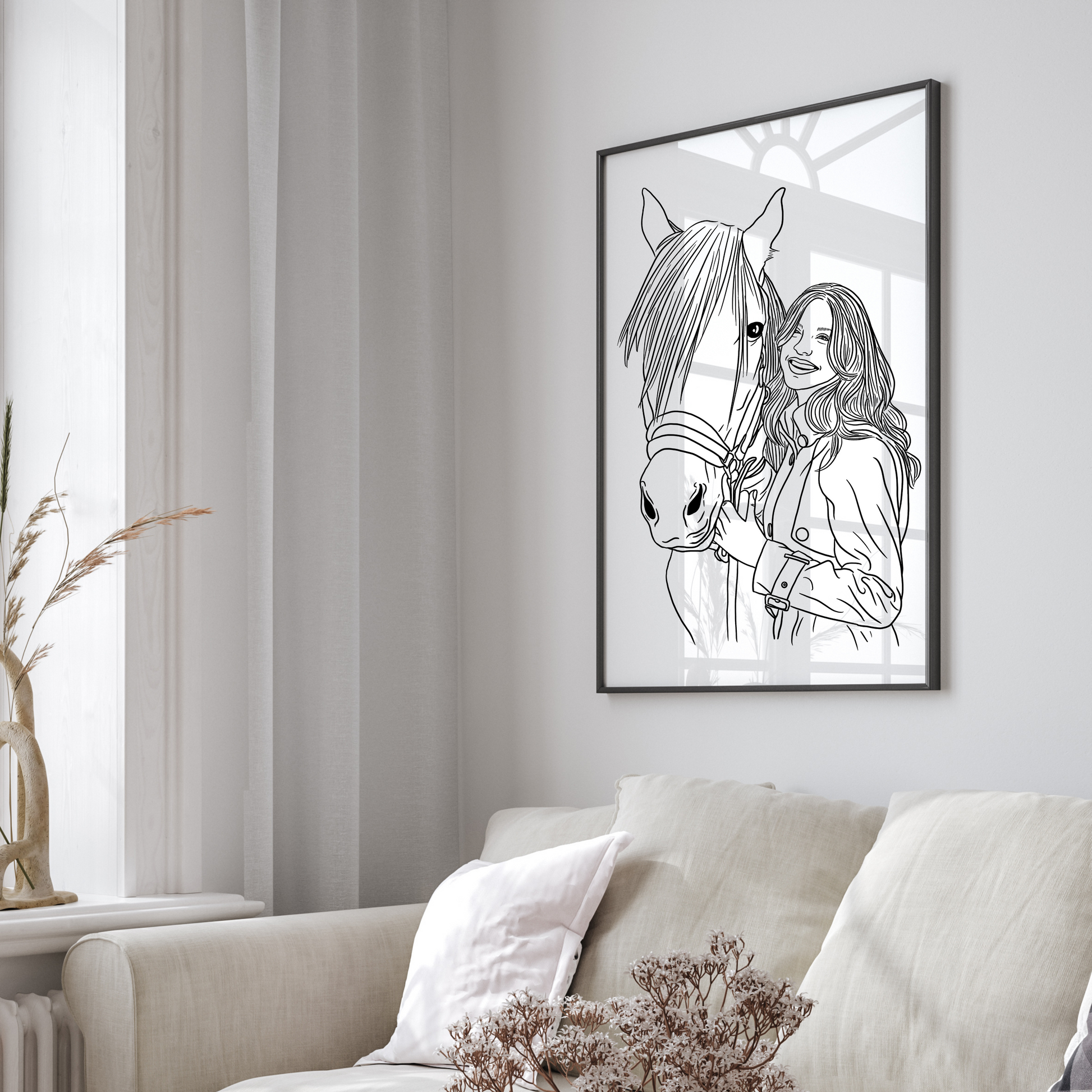 Seitenansicht Linienportrait Frau und Pferd Kopf an Kopf in feinen Linien gezeichnet