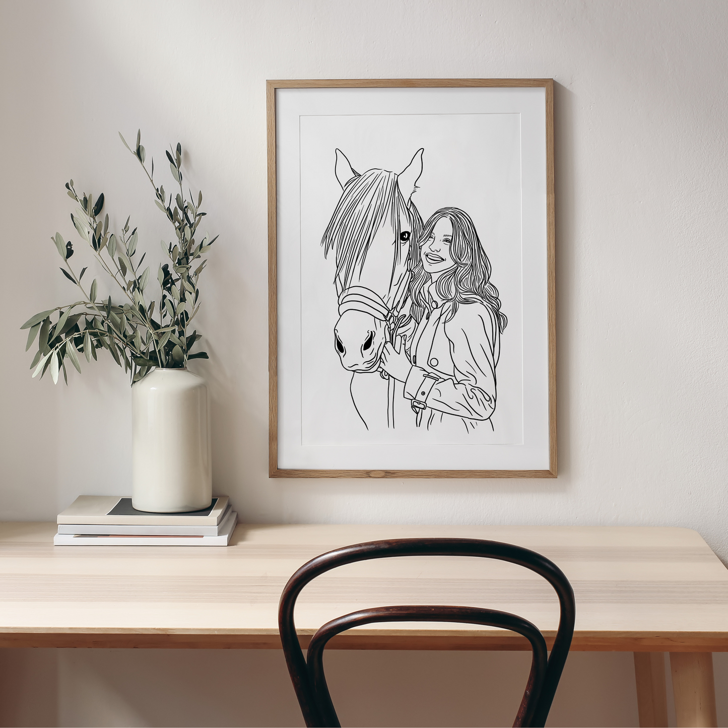 Gerahmtes Linienportrait Reiterin mit Pferd als Wanddekoration für Reiterhof oder Zuhause