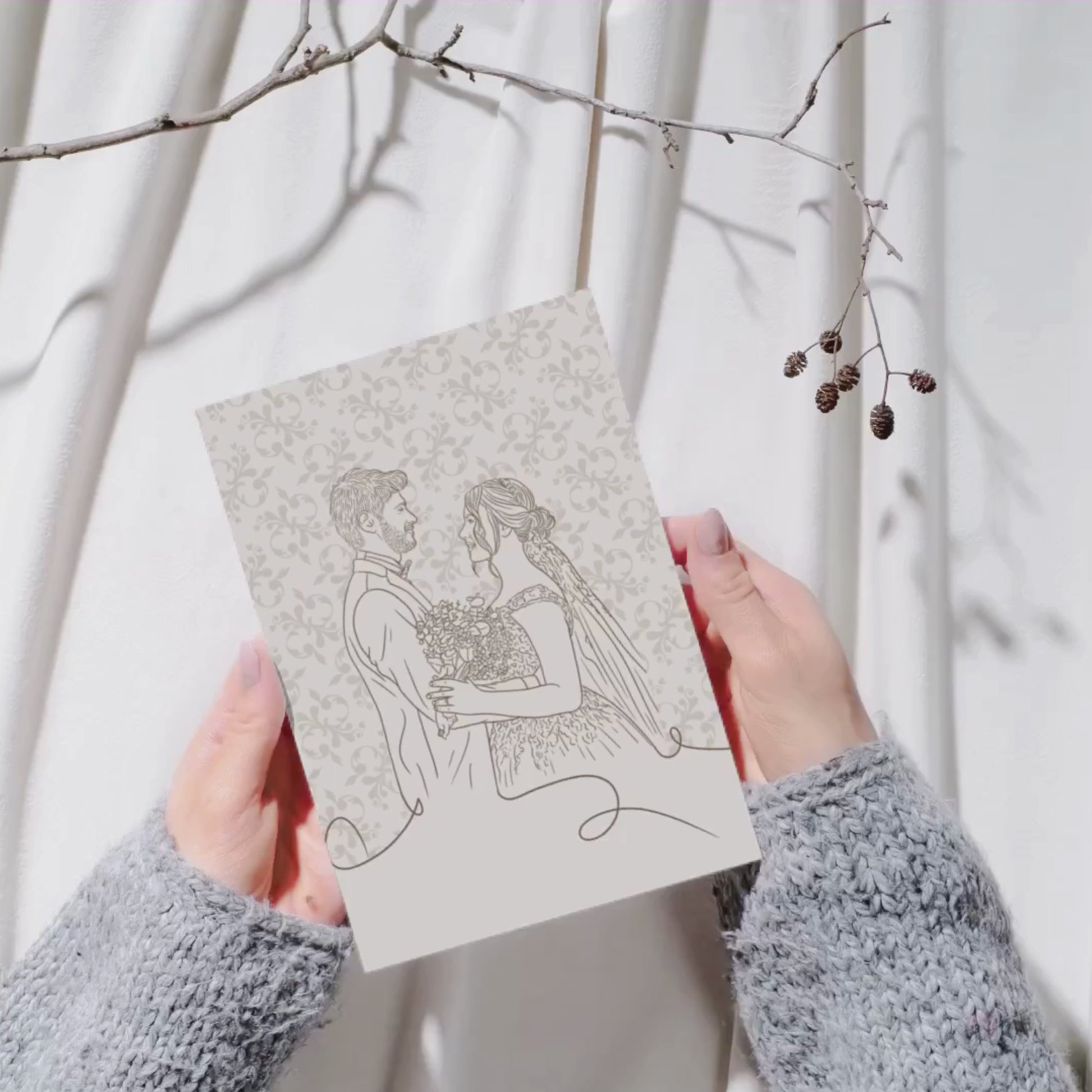 Elegantes Hochzeitsportrait im Line-Art Stil mit dezenten floralen Elementen in Beige